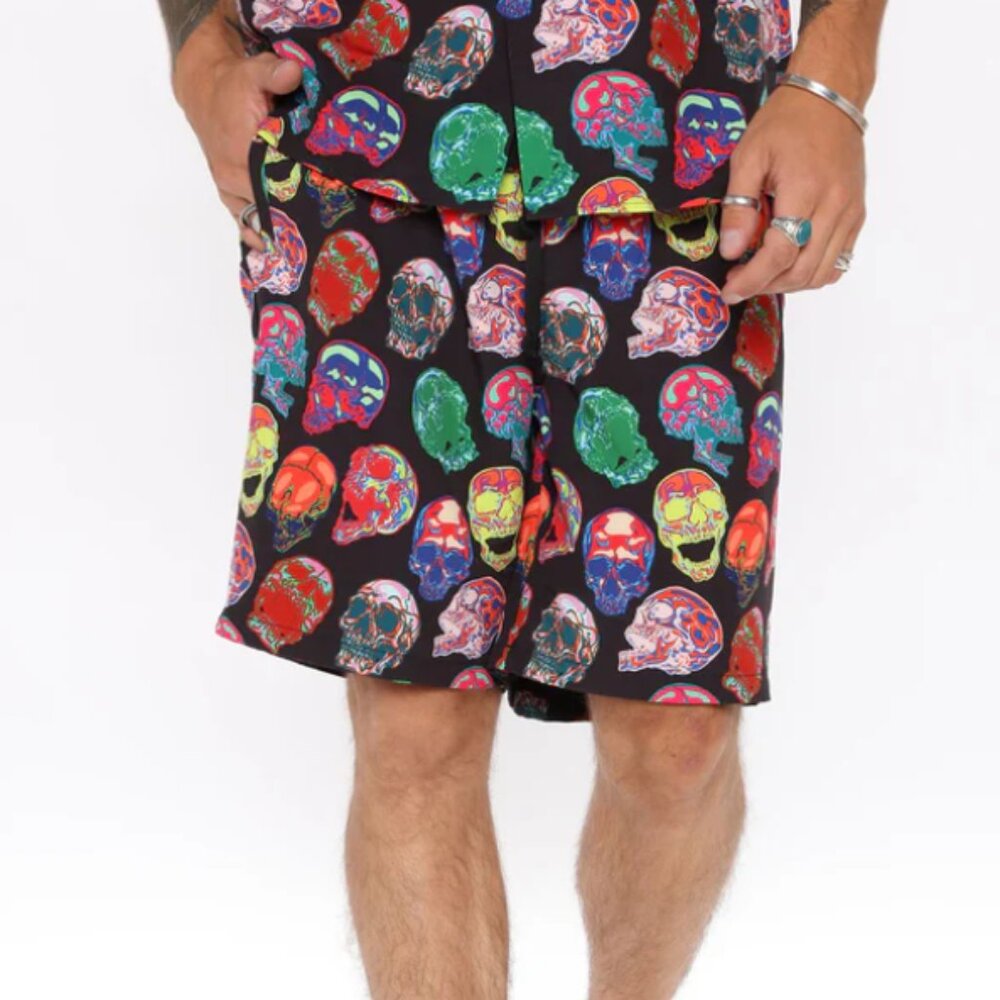 Oh You Want It Drawstring Shorts - Black/Combo Skull Print - Men's Sz XL - NWT